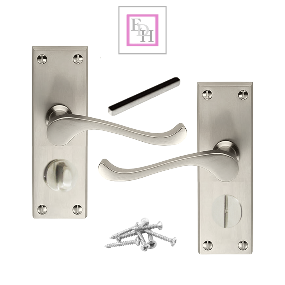 Victorian Scroll Satin Nickel Bathroom Door Handles Set with Privacy Lock