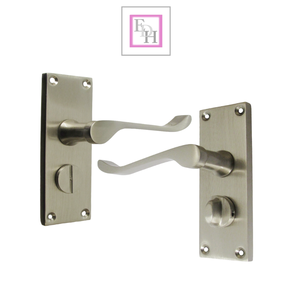 Victorian Scroll Satin Nickel Bathroom Door Handles Set with Privacy Lock