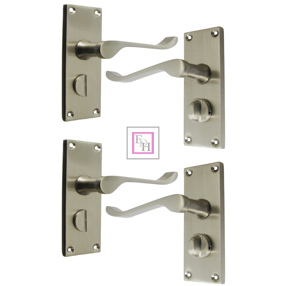 Victorian Scroll Satin Nickel Bathroom Door Handles Set with Privacy Lock 2 Pair