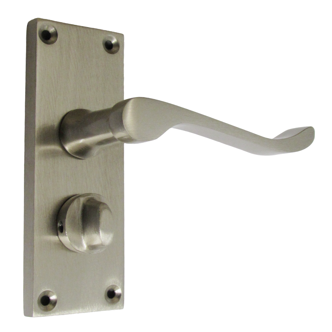 Victorian Scroll Satin Nickel Bathroom Door Handles Set with Privacy Lock 2 Pair