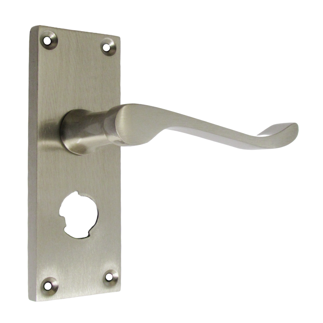 Victorian Scroll Satin Nickel Bathroom Door Handles Set with Privacy Lock