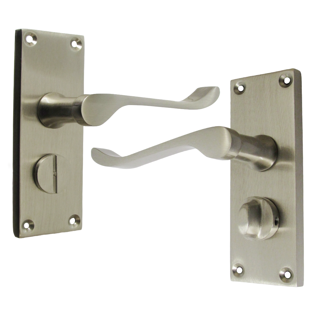 Victorian Scroll Satin Nickel Bathroom Door Handles Set with Privacy Lock