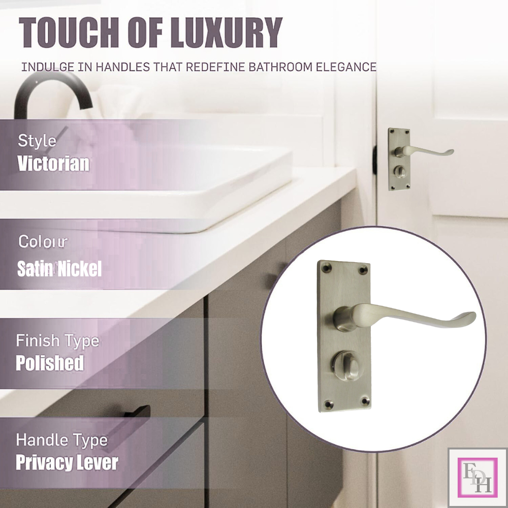 Victorian Scroll Satin Nickel Bathroom Door Handles with Privacy Lock + Latch