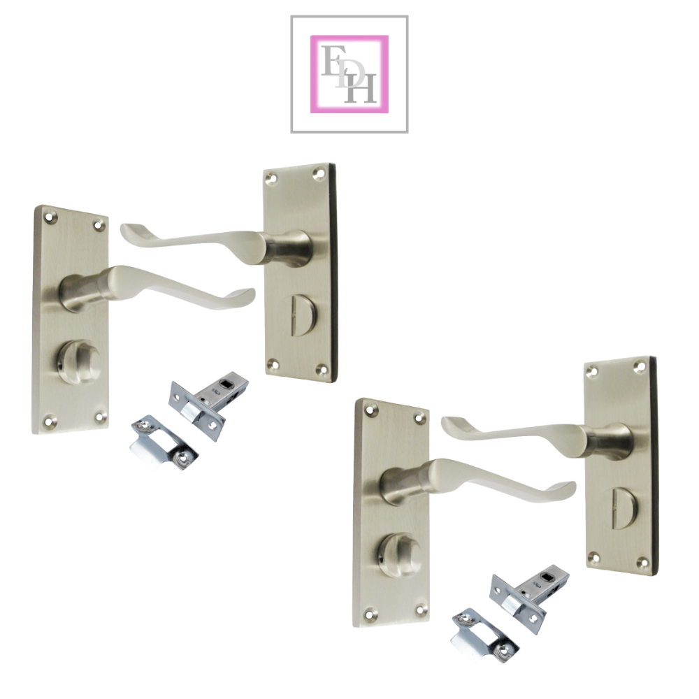 Victorian Scroll Satin Nickel Bathroom Door Handles with Privacy Lock + Latch