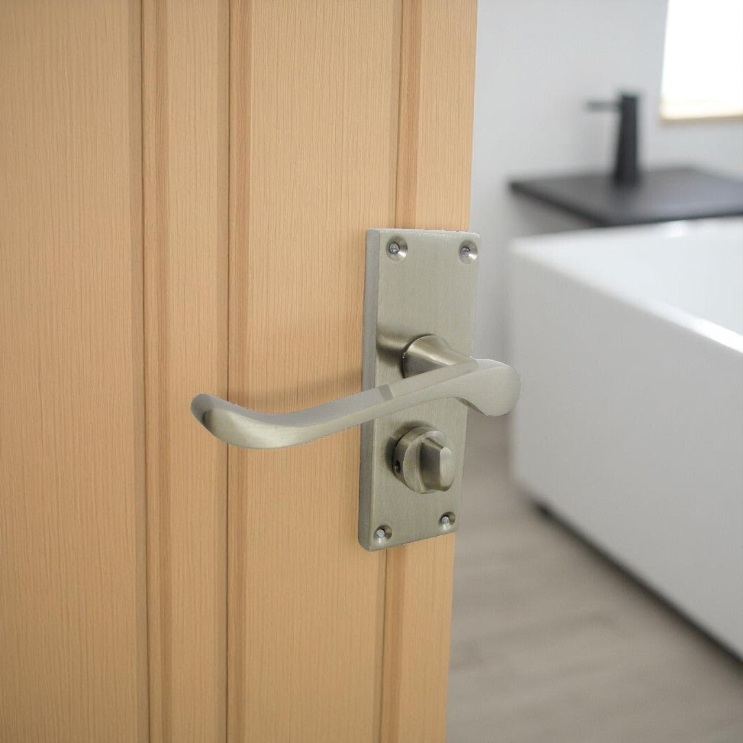 Victorian Scroll Satin Nickel Bathroom Door Handles Set with Privacy Lock