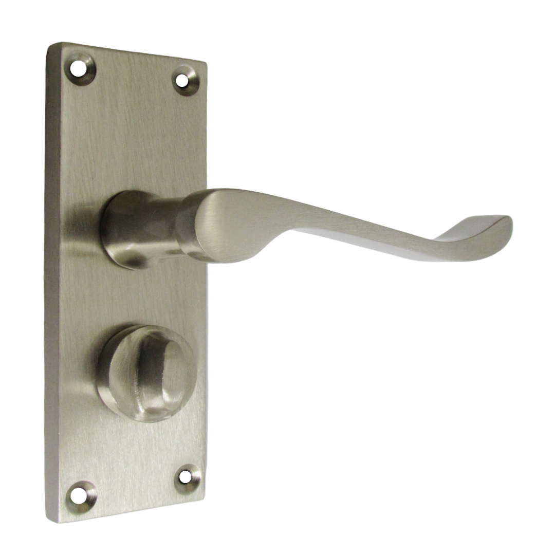 Victorian Scroll Satin Nickel Bathroom Door Handles Set with Privacy Lock