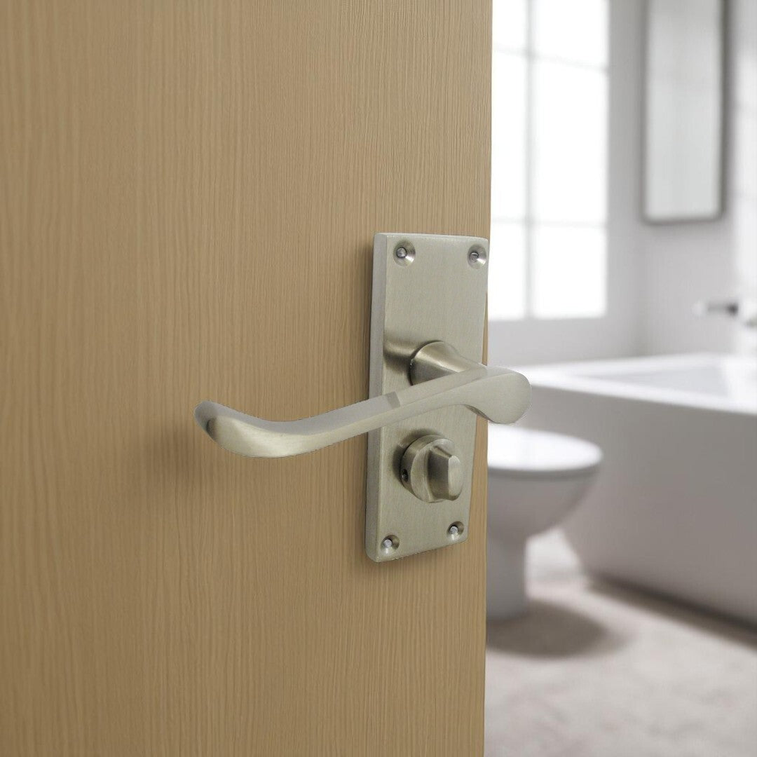 Victorian Scroll Satin Nickel Bathroom Door Handles Set with Privacy Lock