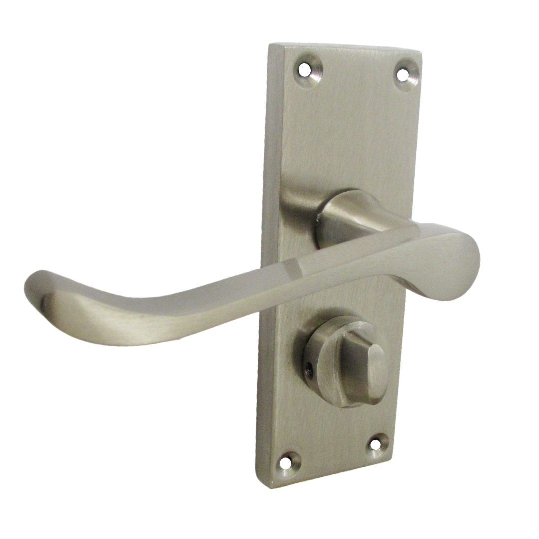 Victorian Scroll Satin Nickel Bathroom Door Handles Set with Privacy Lock