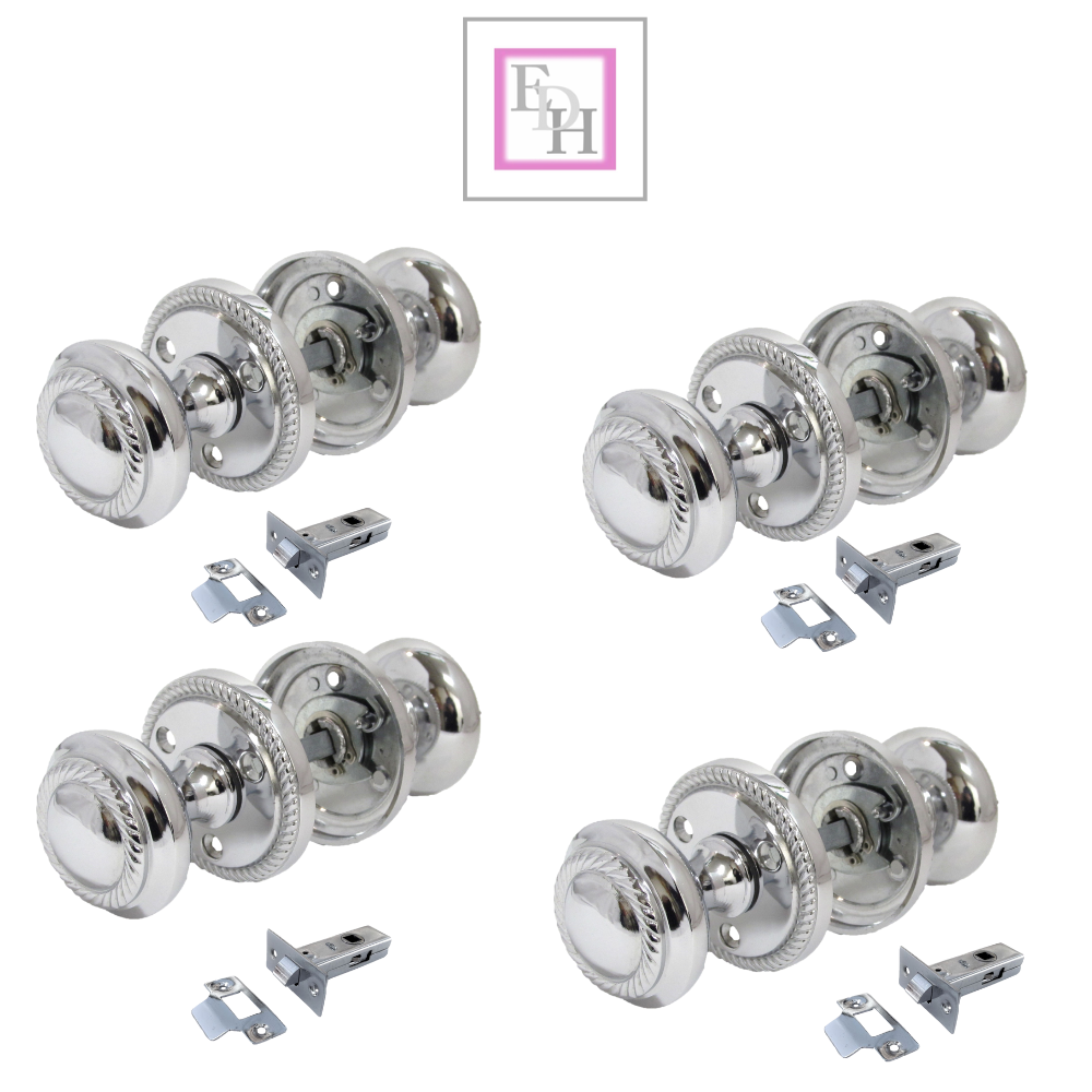 Polished Chrome Georgian Round Door Knobs with Tubular Latch – 4 Pairs