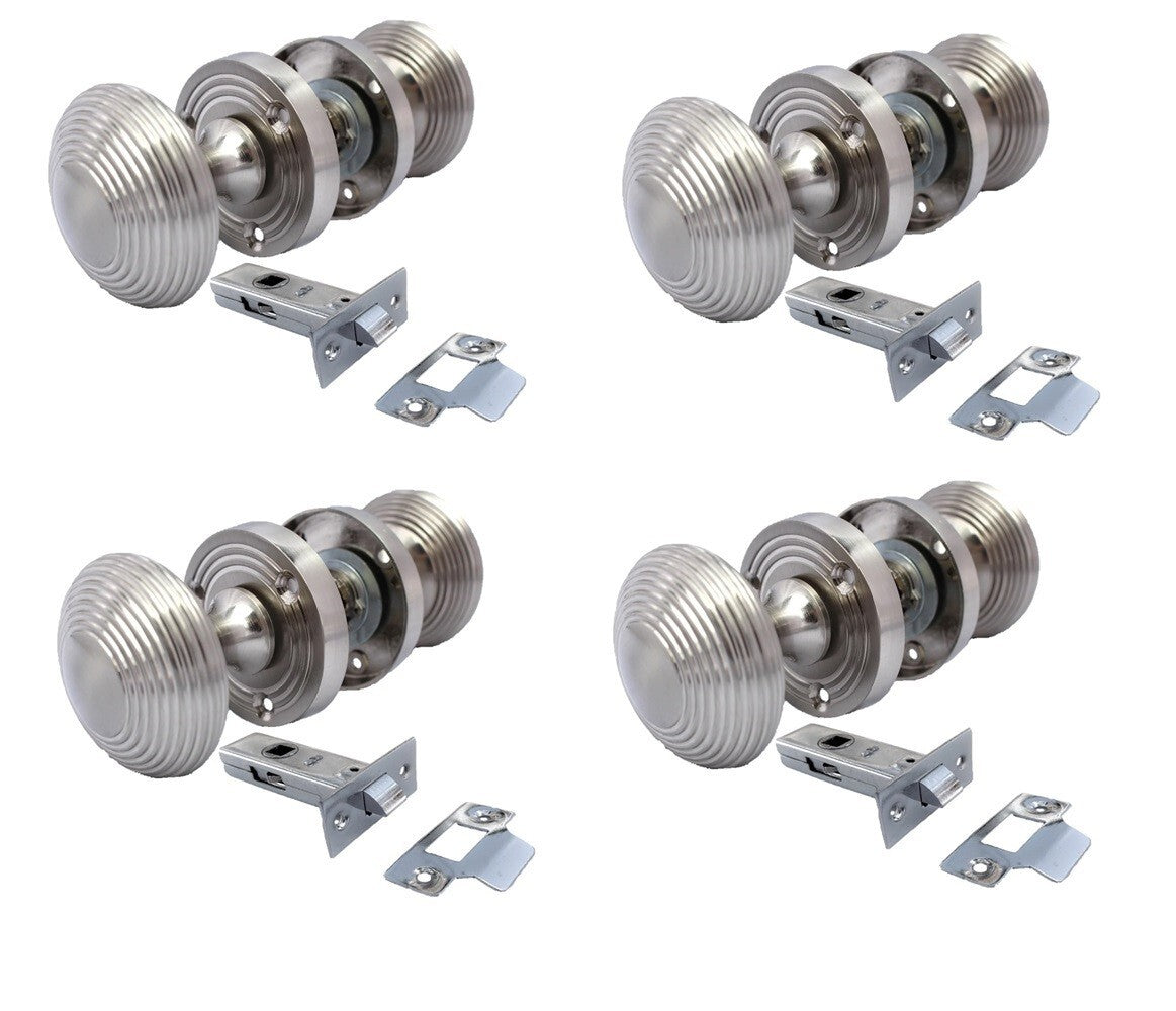 Satin Nickel Round Door Knobs- Reeded Internal Handles for Mortice Locks + Latch