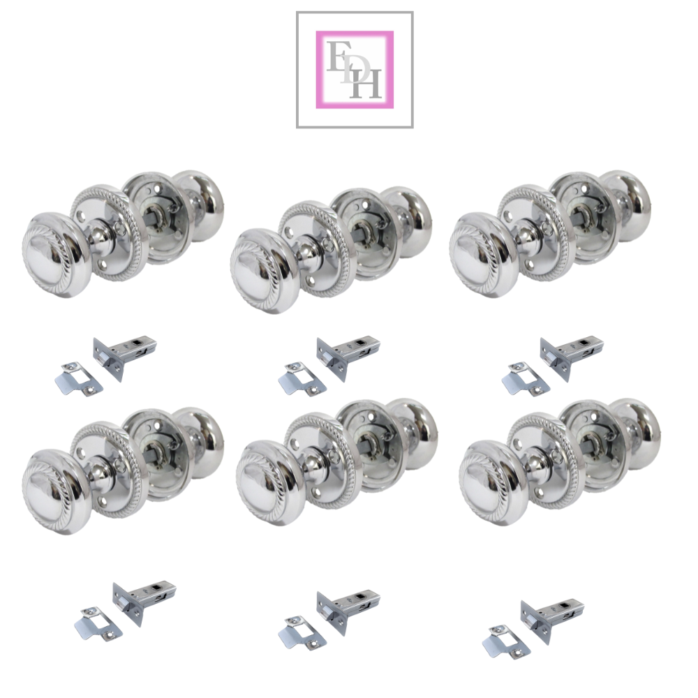 Polished Chrome Georgian Round Door Knobs with Tubular Latch – 6 Pairs