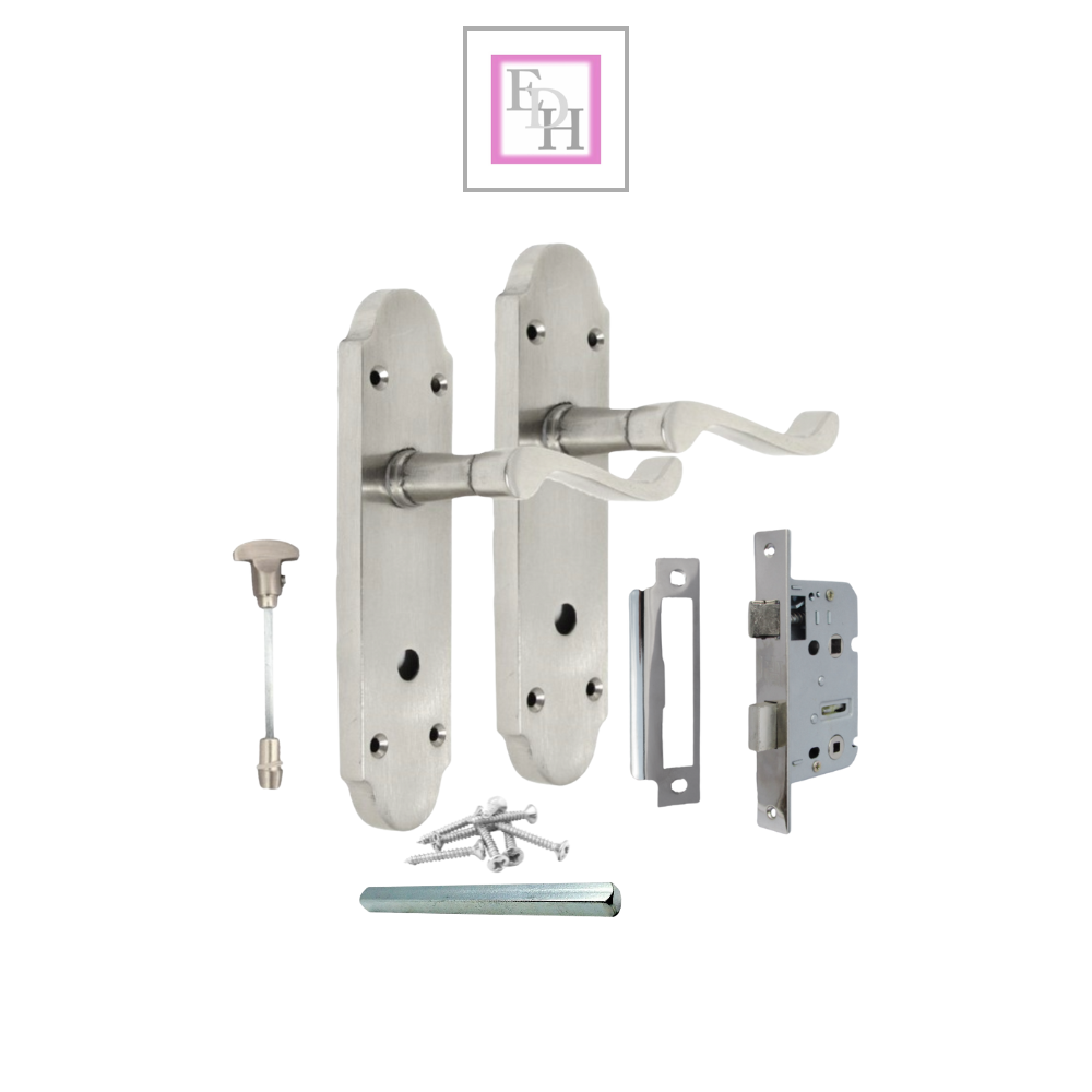 Satin Nickel Bathroom Door Handle – Epsom Style Victorian Scroll Privacy Lever