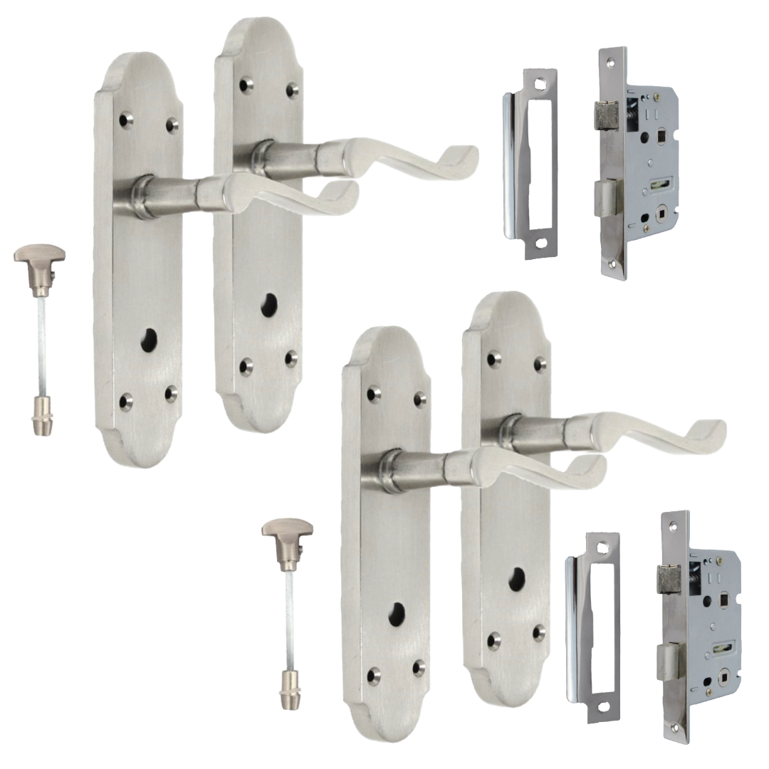 Satin Nickel Bathroom Door Handle – Epsom Style Victorian Scroll Privacy Lever