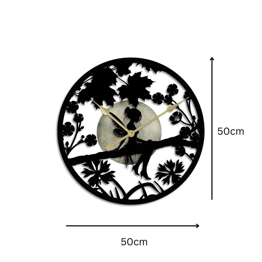 Fairy in Forest Silhouette Wall Clock β Large Metal Decorative Indoor & Outdoor Clock for Garden, Living Room and Patio