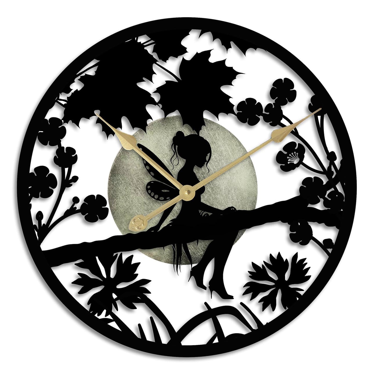 Fairy in Forest Silhouette Wall Clock β Large Metal Decorative Indoor & Outdoor Clock for Garden, Living Room and Patio