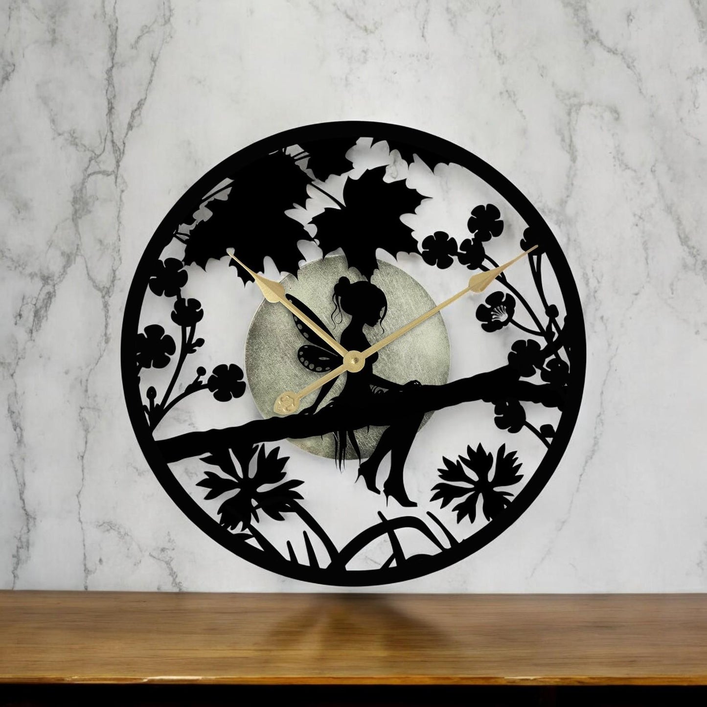 Fairy in Forest Silhouette Wall Clock β Large Metal Decorative Indoor & Outdoor Clock for Garden, Living Room and Patio