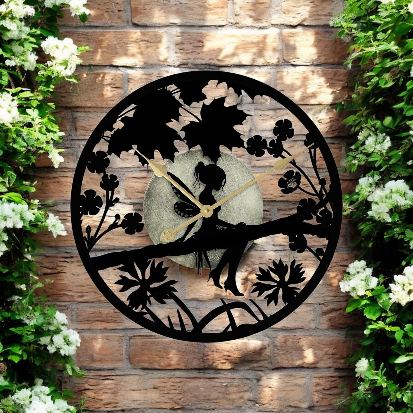 Fairy in Forest Silhouette Wall Clock β Large Metal Decorative Indoor & Outdoor Clock for Garden, Living Room and Patio