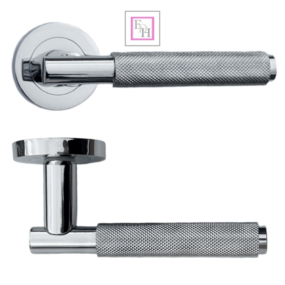 Knurled Turning Door Handles Polished Chrome– Lever on Round Rose Handle Packs