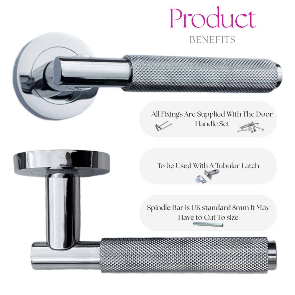 Knurled Turning Door Handles Polished Chrome– Lever on Round Rose Handle Packs