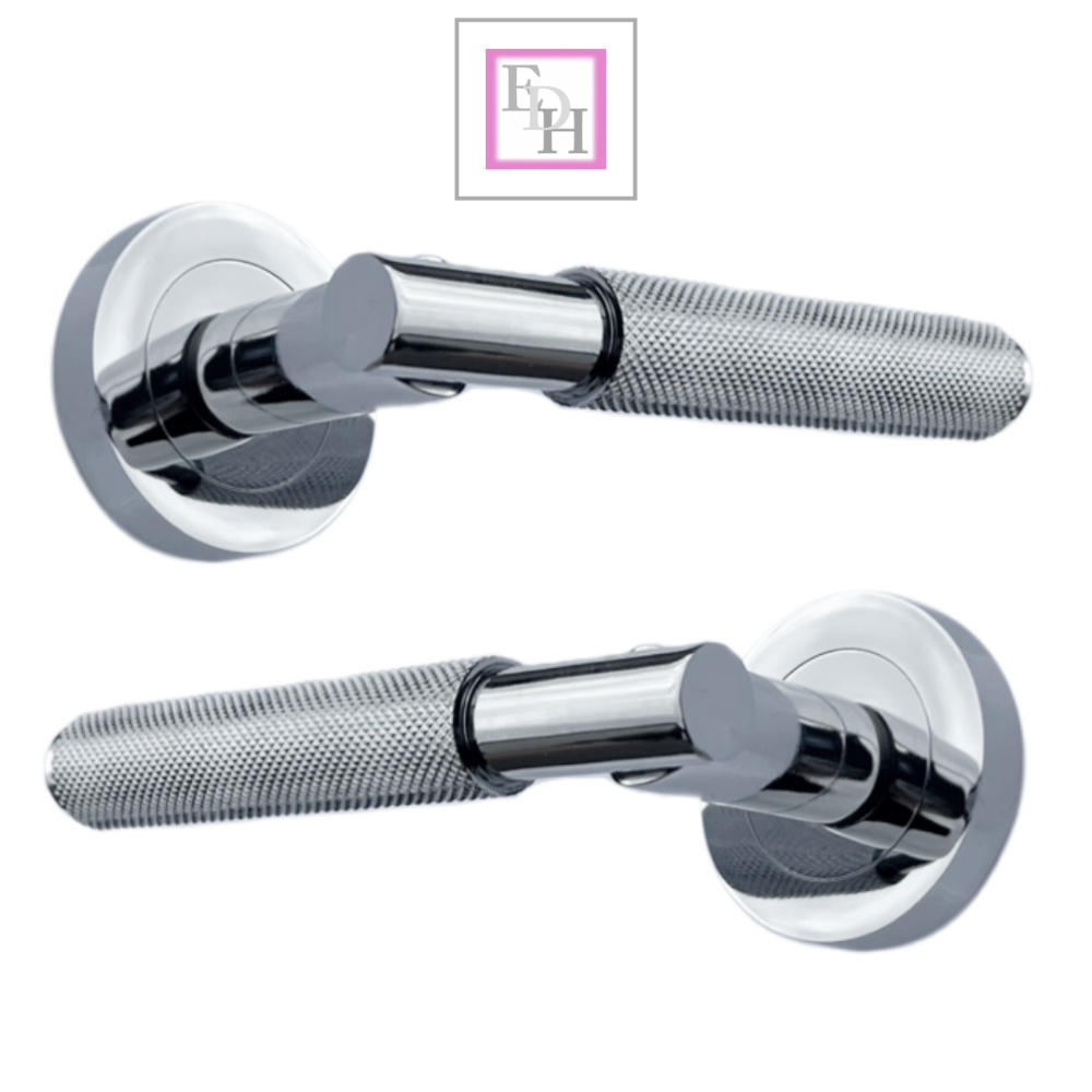 Knurled Turning Door Handles Polished Chrome– Lever on Round Rose Handle Packs