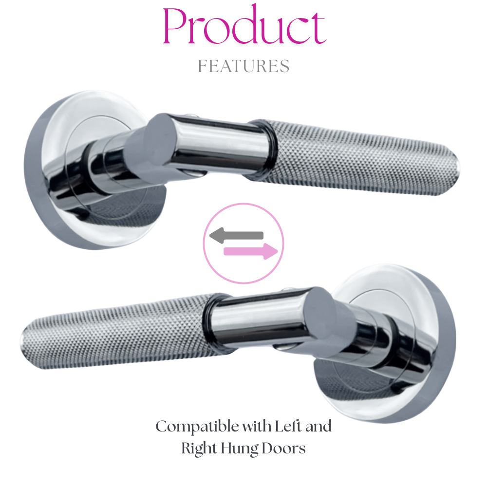 Knurled Turning Door Handles Polished Chrome– Lever on Round Rose Handle Packs