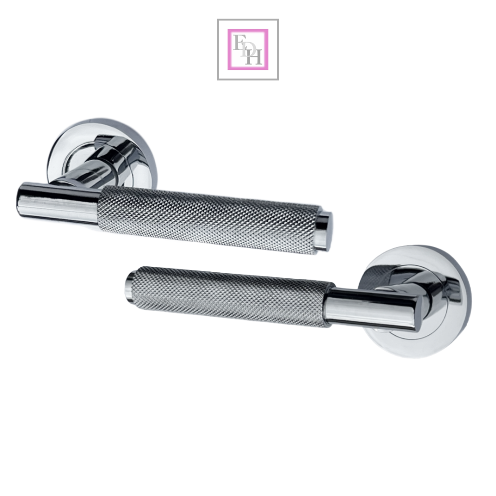 Knurled Turning Door Handles Polished Chrome– Lever on Round Rose Handle Packs