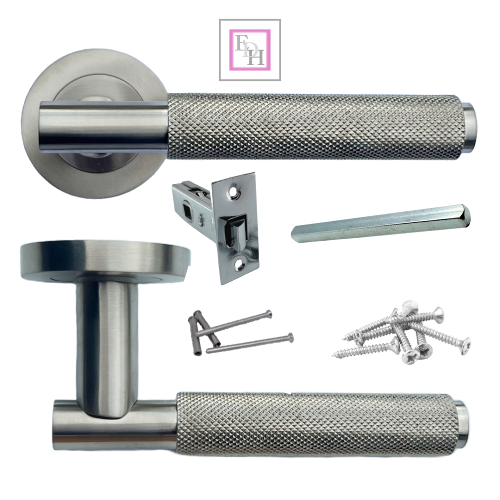 Knurled Turning Door Handles Satin Lever on Round Rose Handle Packs with Fixings