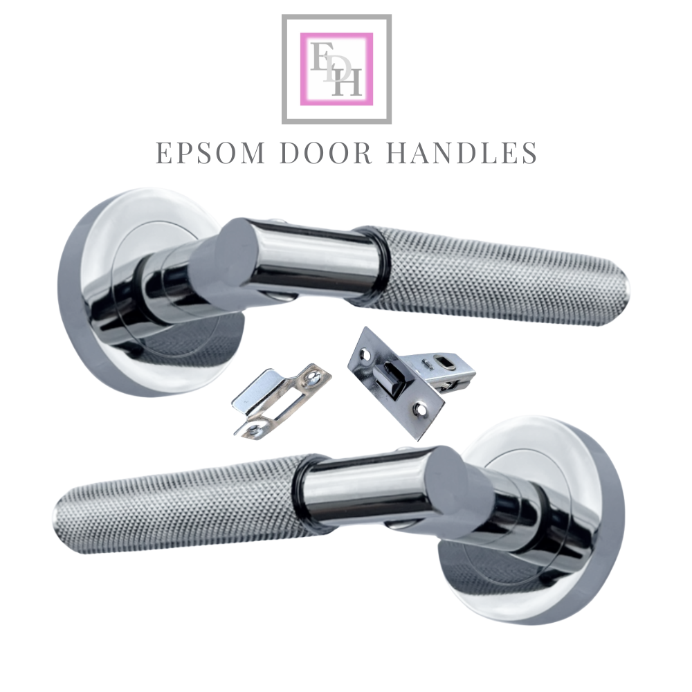 Knurled Turning Door Handles Polished Chrome– Lever on Round Rose Handle Packs