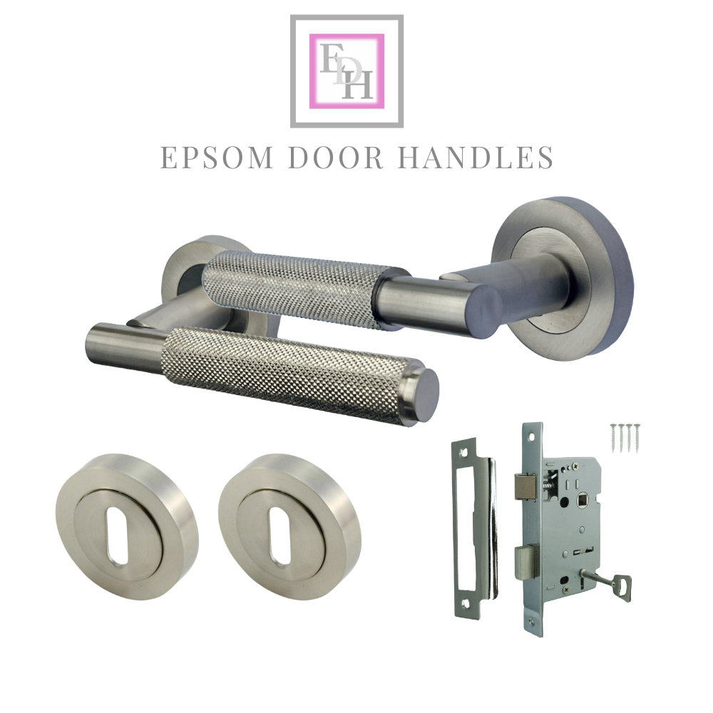 Knurled Turning Door Handles Satin Lever on Round Rose Handle Packs with Fixings
