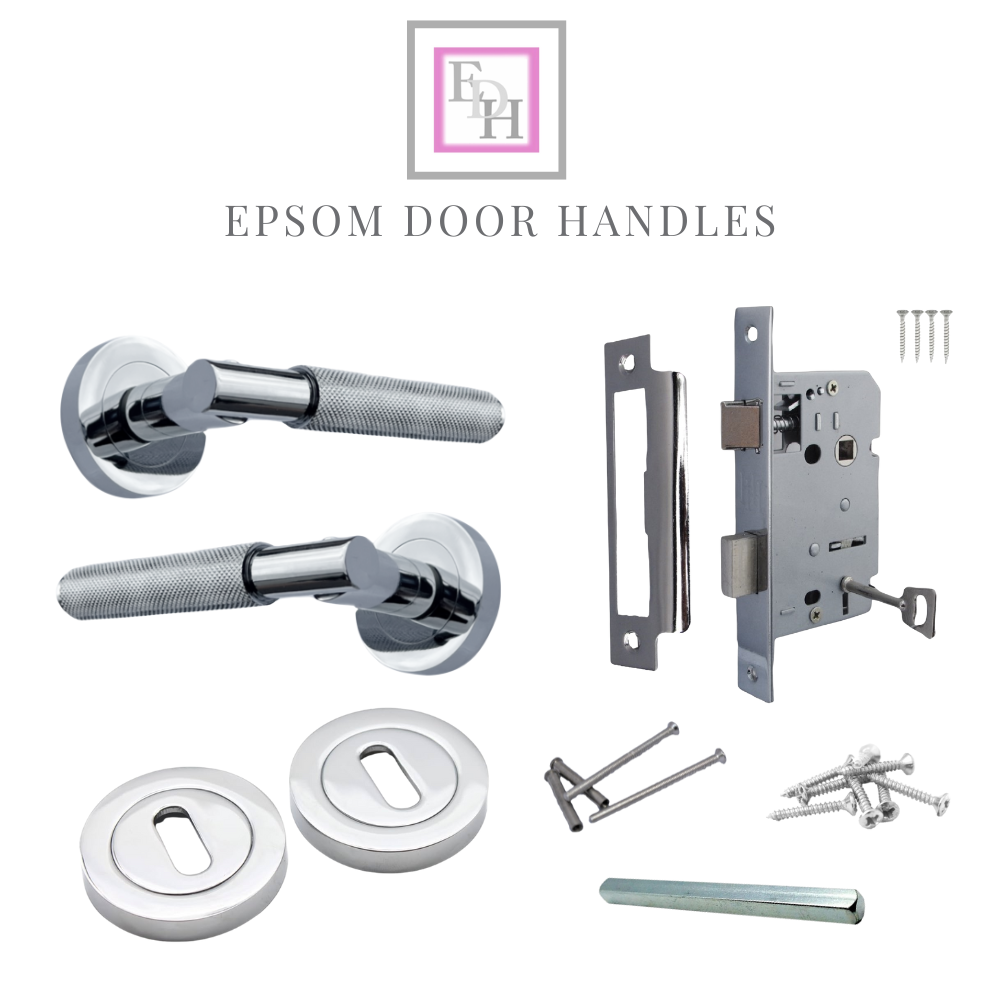 Knurled Turning Door Handles Polished Chrome– Lever on Round Rose Handle Packs