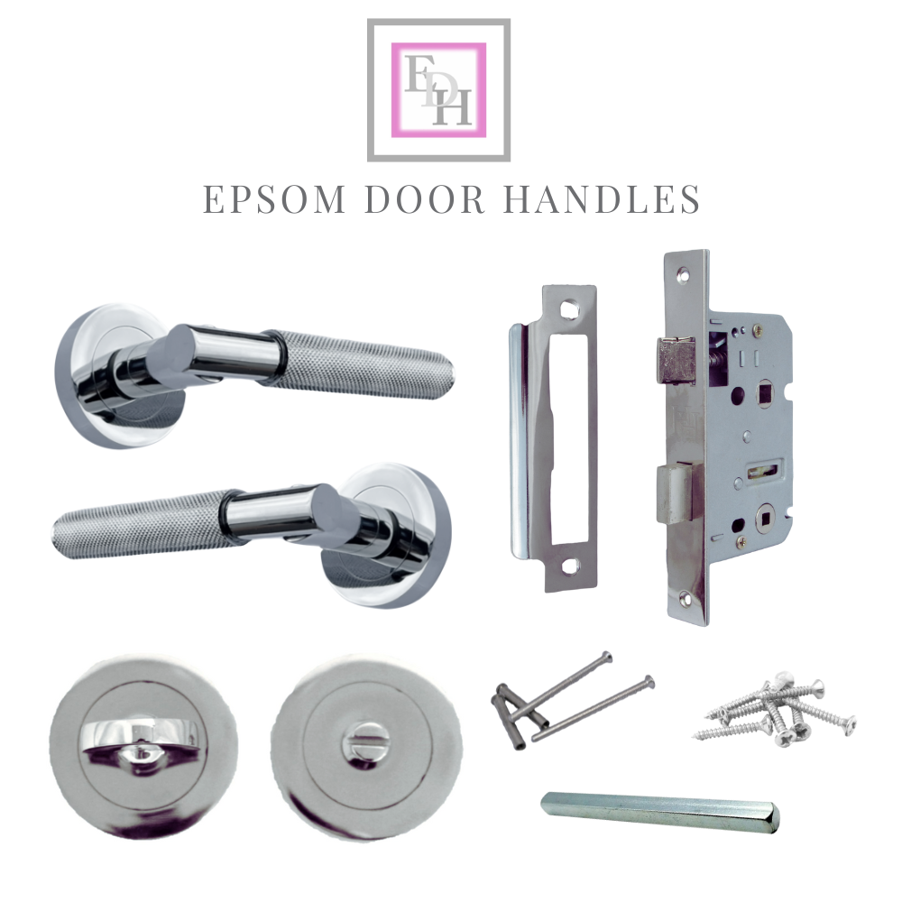 Knurled Turning Door Handles Polished Chrome– Lever on Round Rose Handle Packs