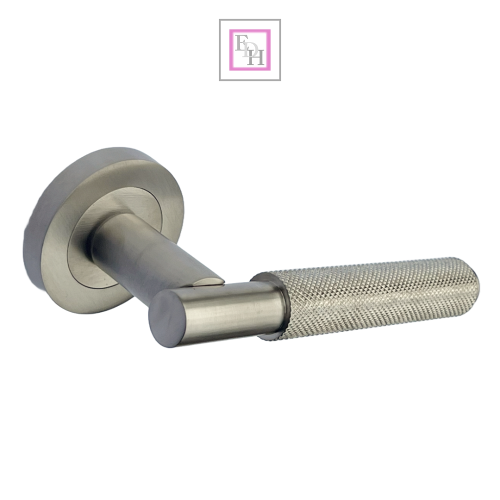 Knurled Turning Door Handles Satin Lever on Round Rose Latch Handle Luxe