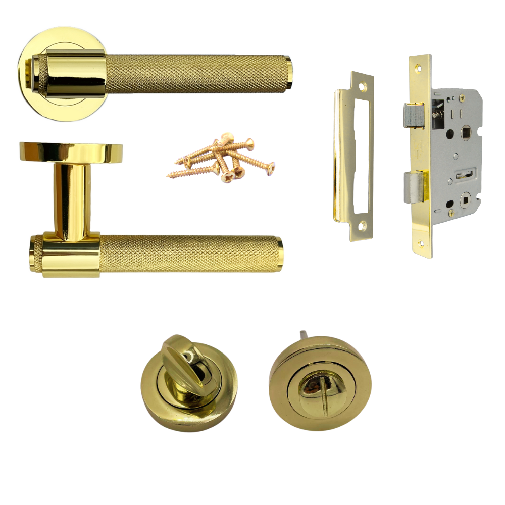 Knurled Polished Brass Door Handles – Internal Lever Handle Packs with Fixings