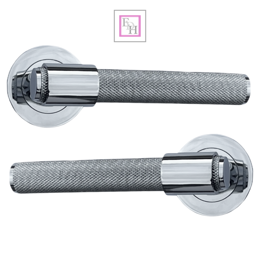 Knurled Door Handles Chrome Polished Loop & Neck Lever on Round Rose Latch