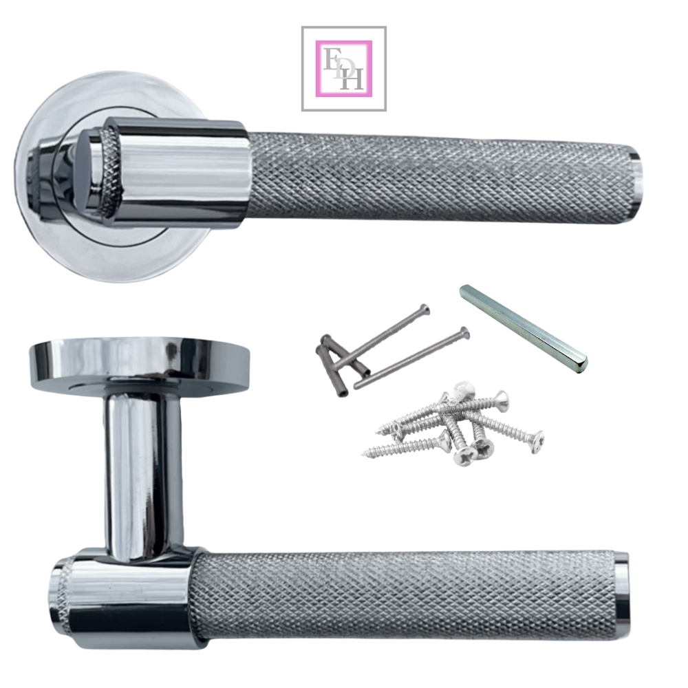 Knurled Door Handles Chrome Polished Loop & Neck Lever on Round Rose Latch