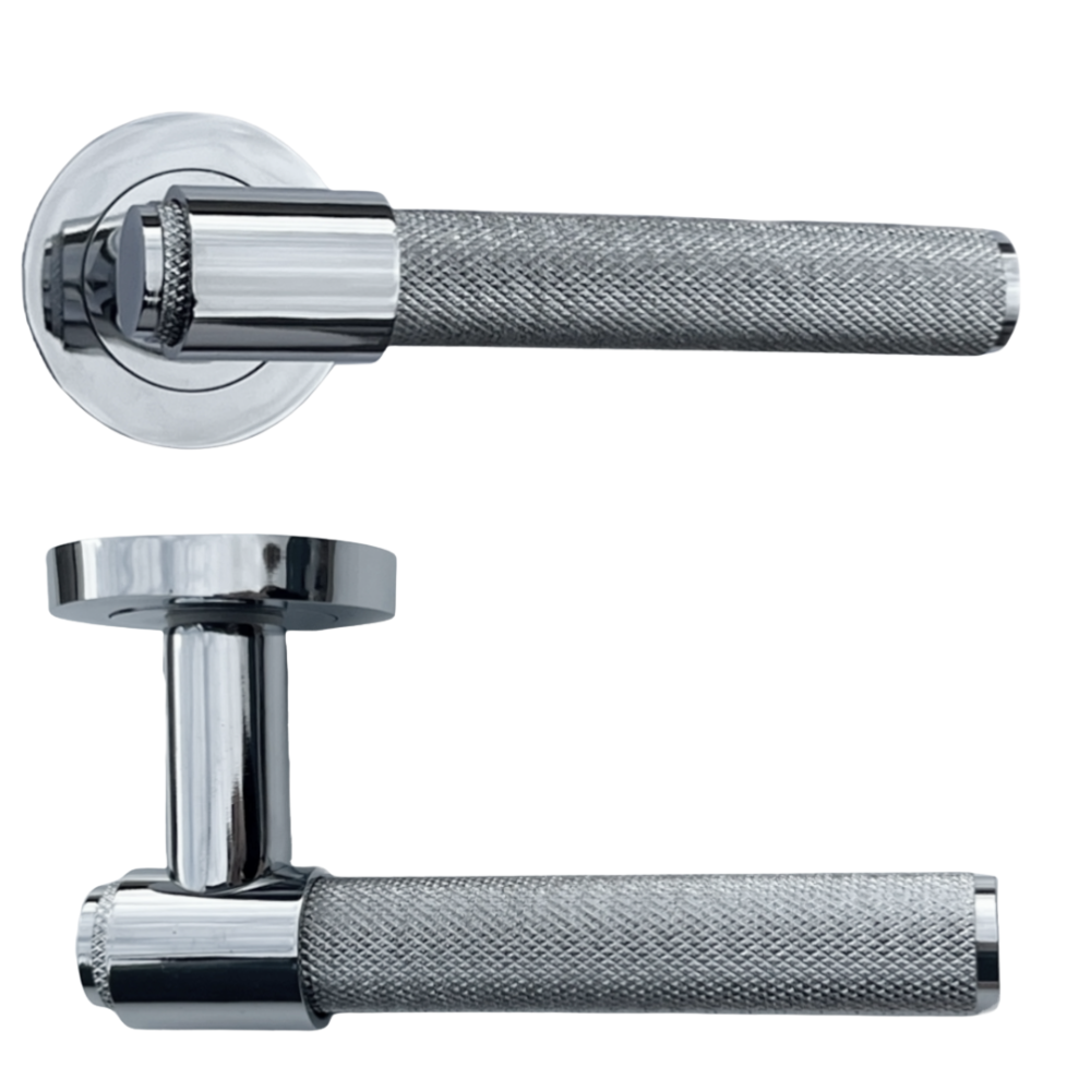 Knurled Door Handles Chrome Polished Loop & Neck Lever on Round Rose Latch