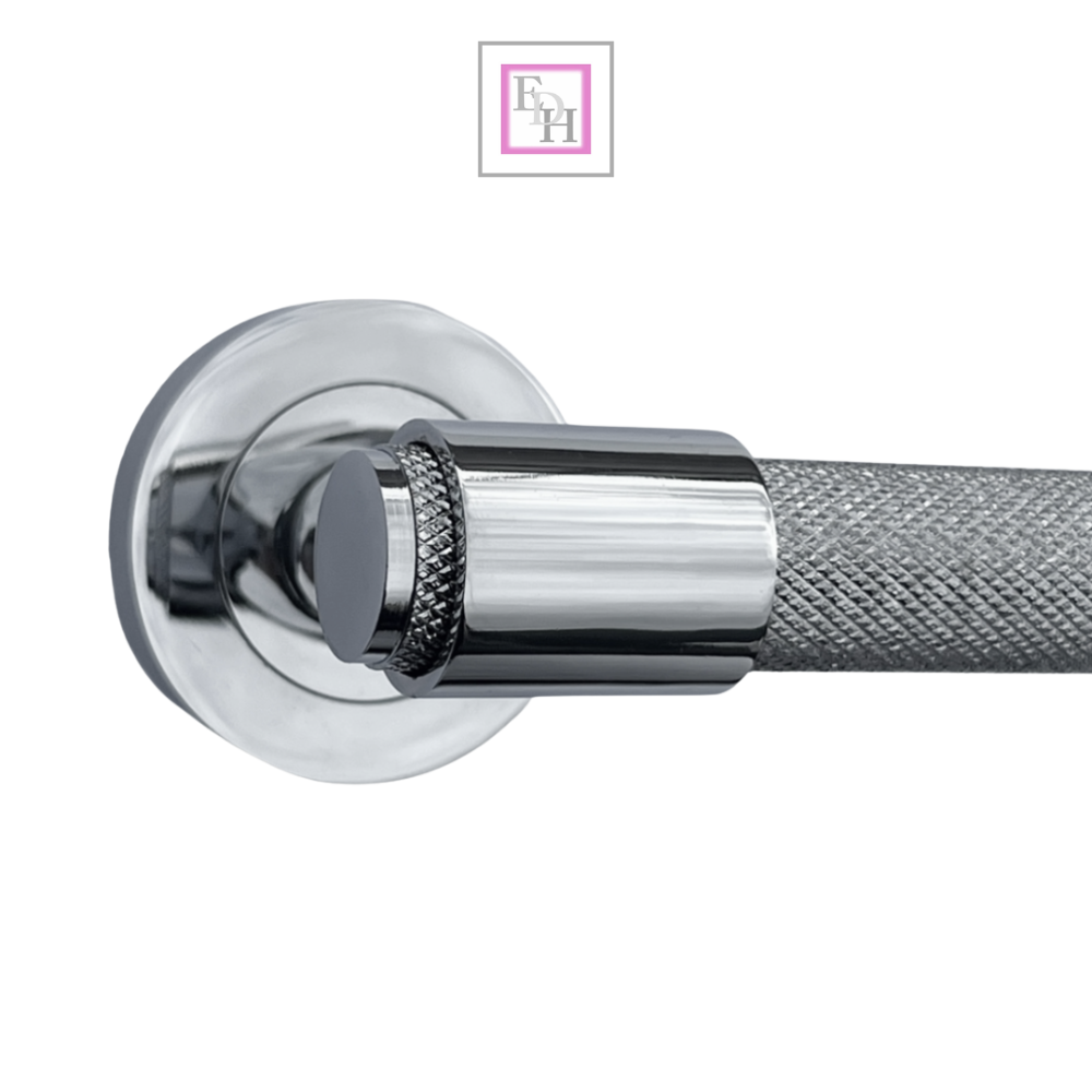 Knurled Door Handles Chrome Polished Loop & Neck Lever on Round Rose Latch