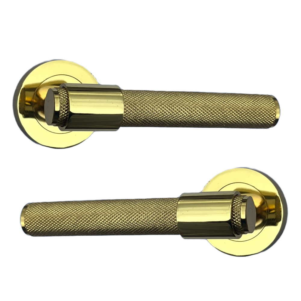 Knurled Door Handles Brass Polished Loop & Neck Lever on Round Rose Latch Handle