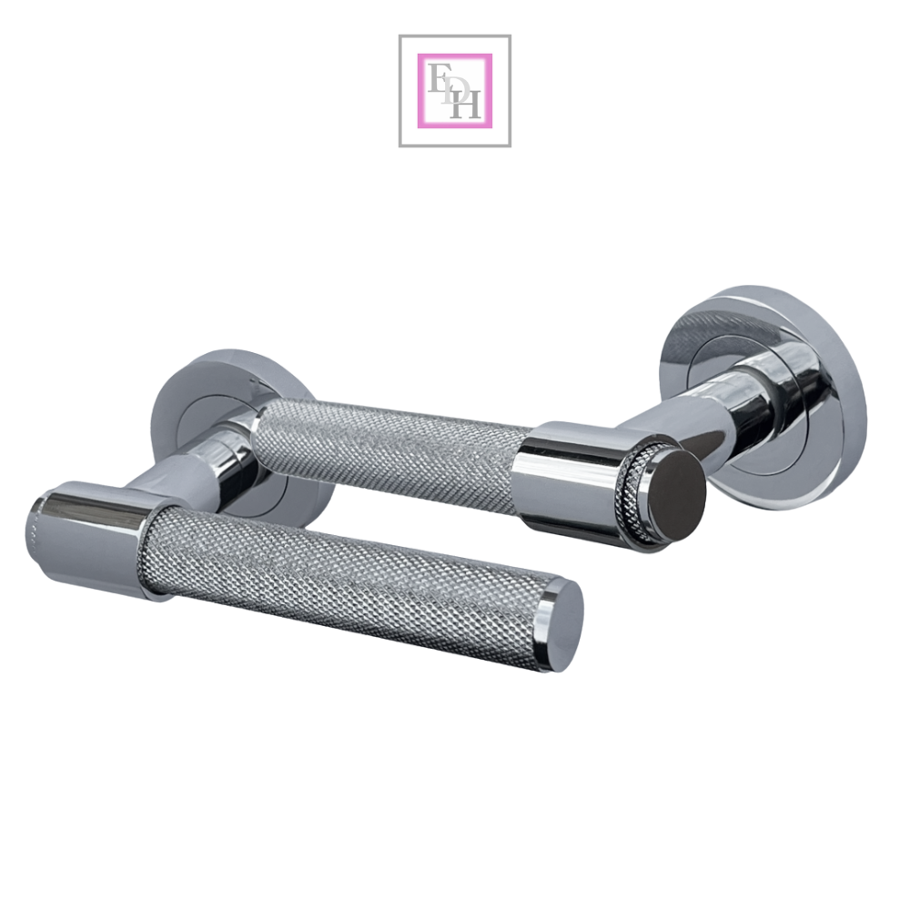 Knurled Door Handles Chrome Polished Loop & Neck Lever on Round Rose Latch