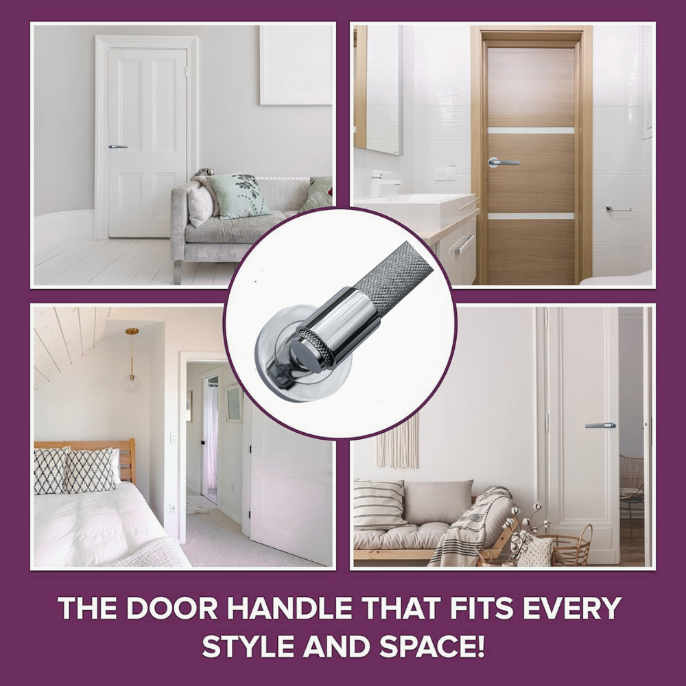 Knurled Door Handles Chrome Polished Loop & Neck Lever on Round Rose Latch