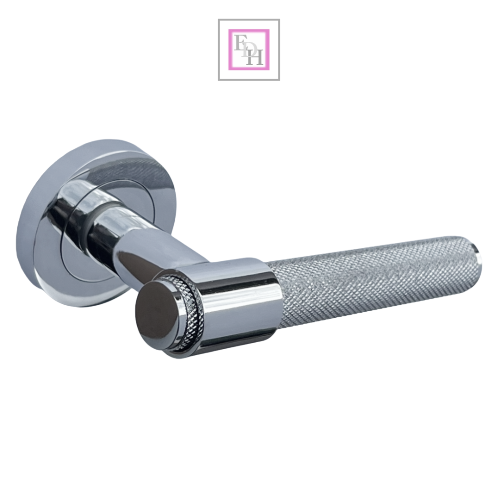 Knurled Door Handles Chrome Polished Loop & Neck Lever on Round Rose Latch