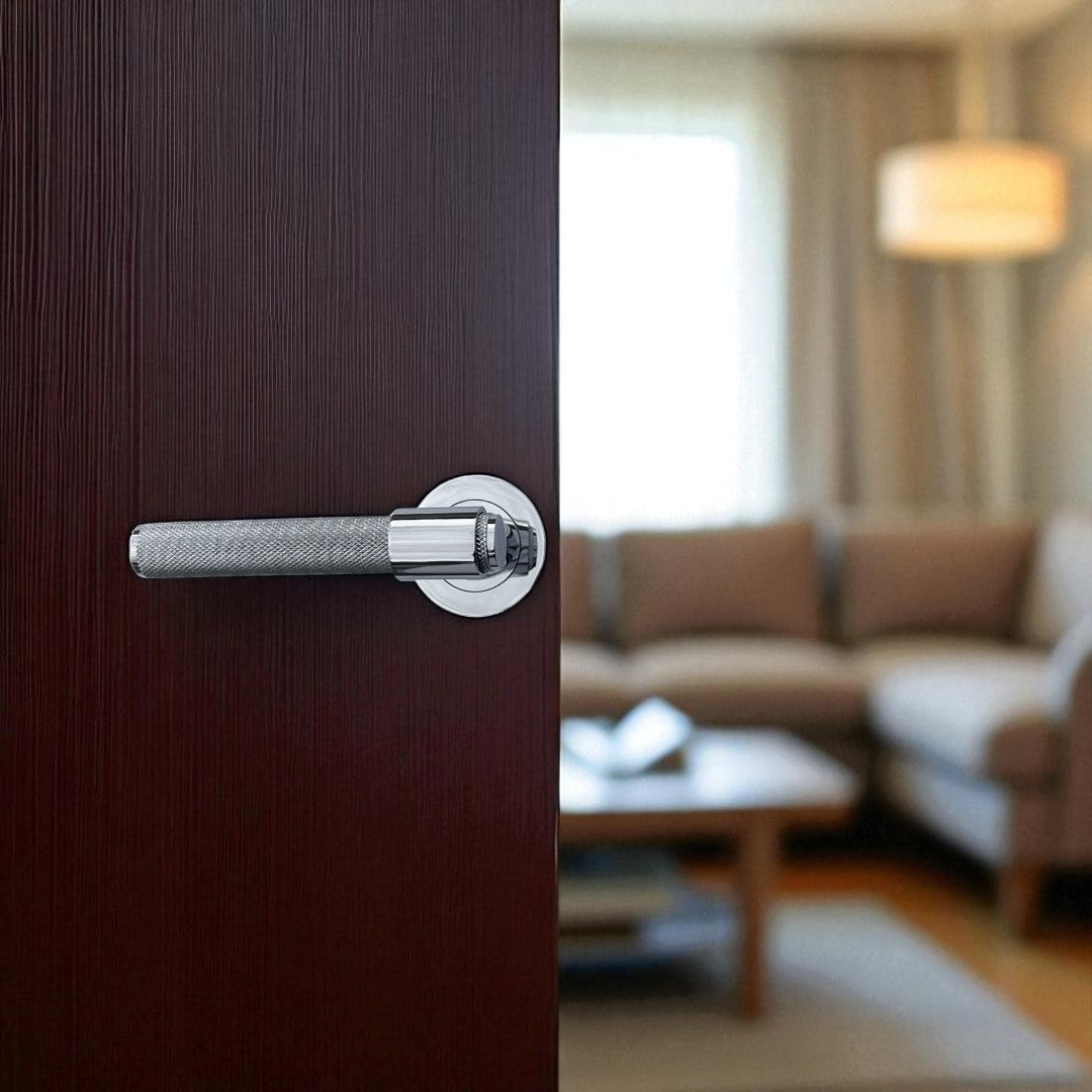 Knurled Door Handles Chrome Polished Loop & Neck Lever on Round Rose Latch