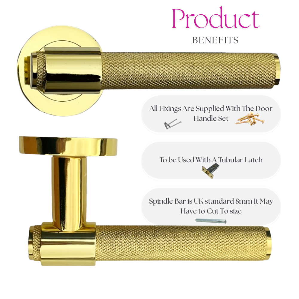 Knurled Door Handles Brass Polished Loop & Neck Lever on Round Rose Latch Handle