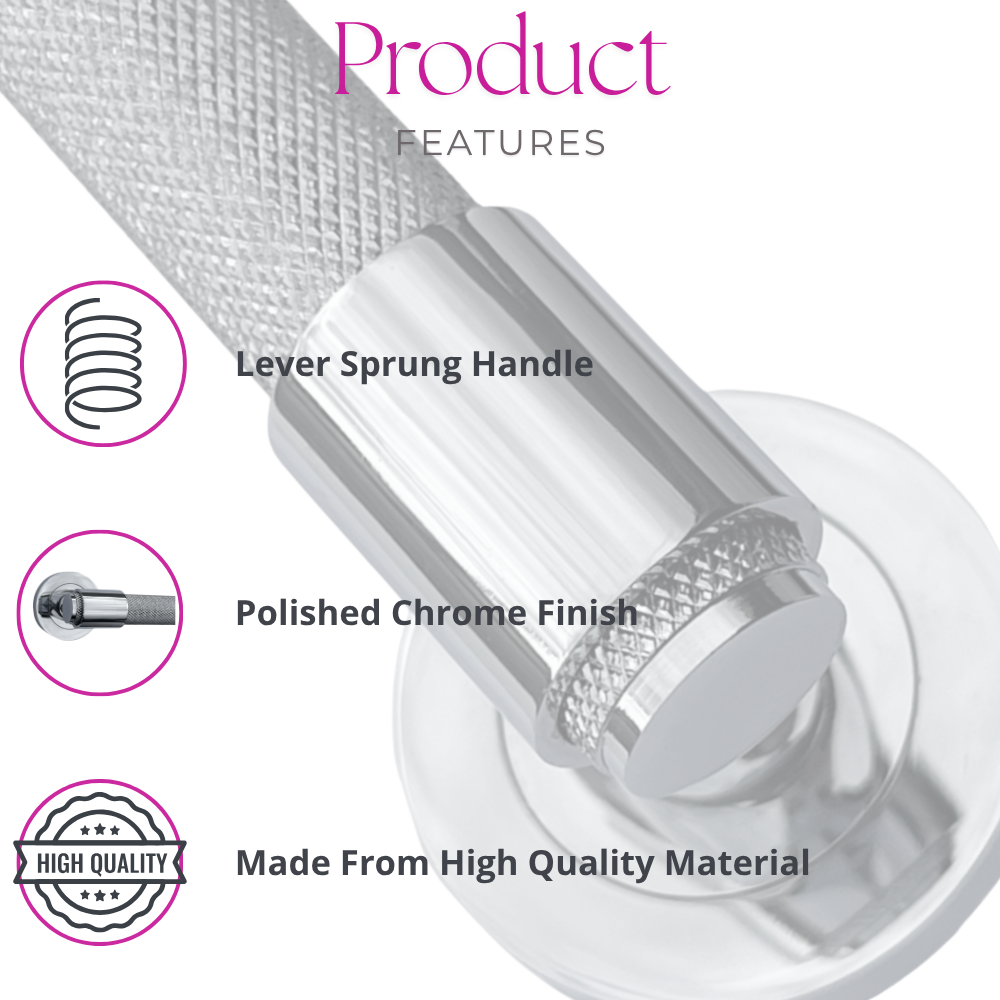 Knurled Door Handles Chrome Polished Loop & Neck Lever on Round Rose Latch
