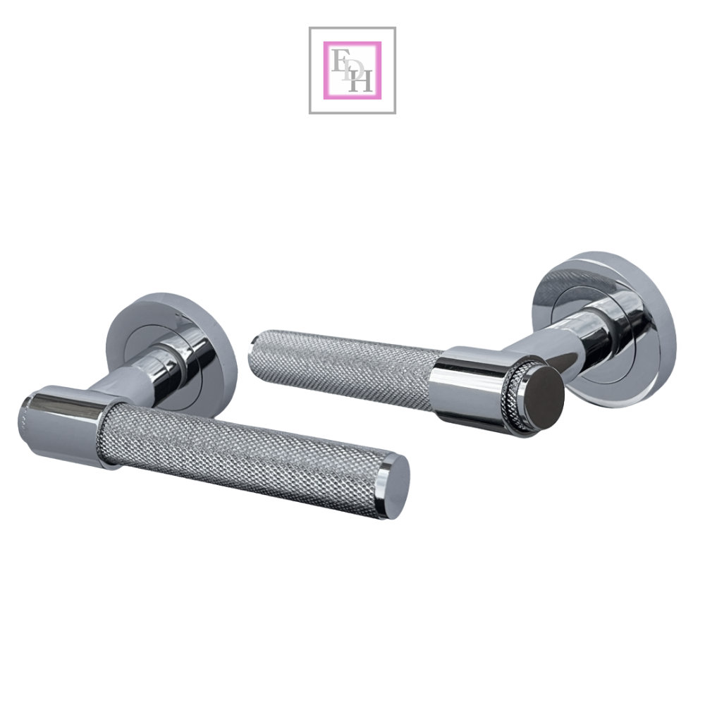 Knurled Door Handles Chrome Polished Loop & Neck Lever on Round Rose Latch