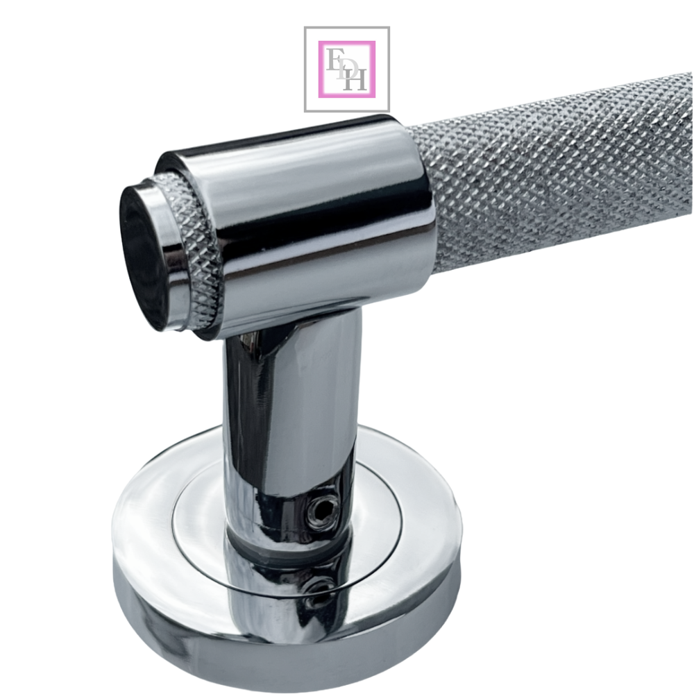 Knurled Door Handles Chrome Polished Loop & Neck Lever on Round Rose Latch