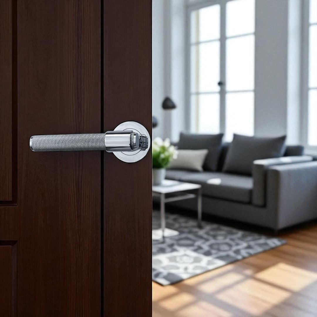 Knurled Door Handles Chrome Polished Loop & Neck Lever on Round Rose Latch