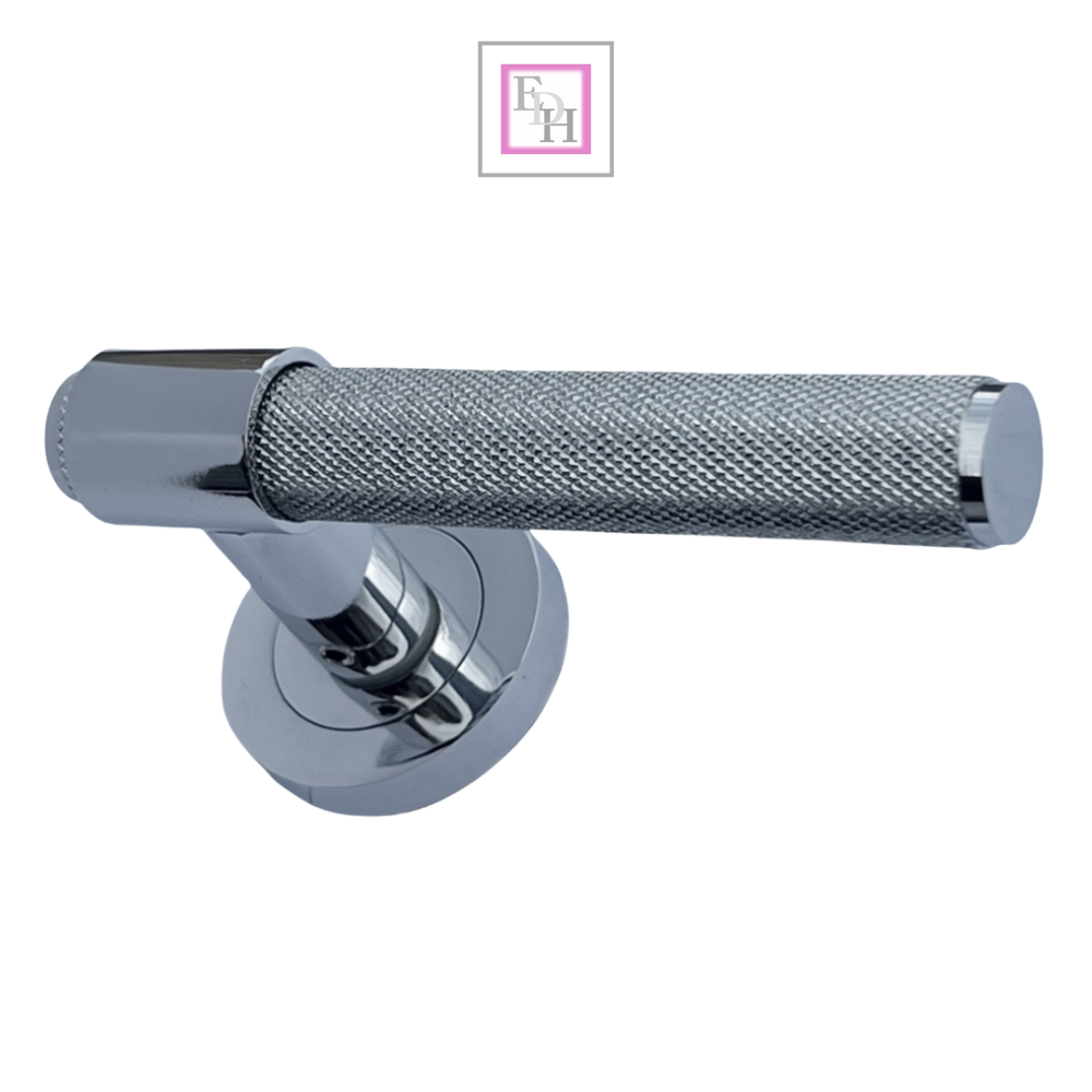 Knurled Door Handles Chrome Polished Loop & Neck Lever on Round Rose Latch