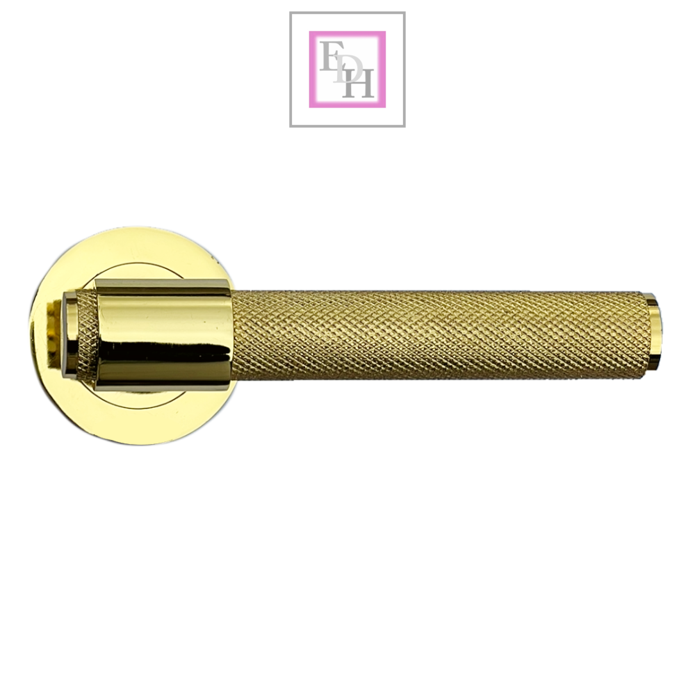 Knurled Door Handles Brass Polished Loop & Neck Lever on Round Rose Latch Handle