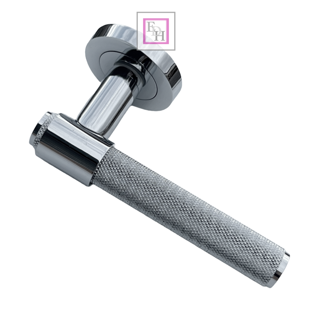 Knurled Door Handles Chrome Polished Loop & Neck Lever on Round Rose Latch
